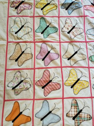 Vintage 1940 ' s Feedsack Butterfly Applique Summer Bedspread Quilt top 76x100 6