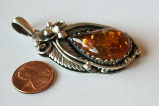 Antique Vintage Very Large Sterling Silver Amber Pendant 0.  8 oz 925 2