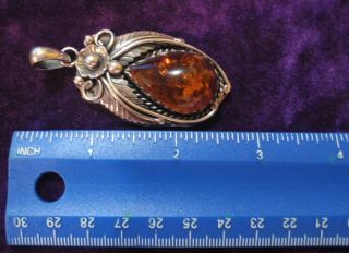Antique Vintage Very Large Sterling Silver Amber Pendant 0.  8 oz 925 5