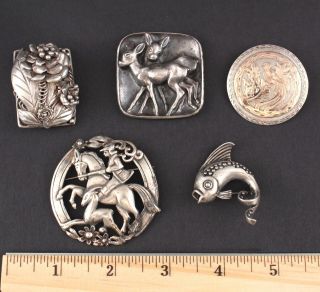 5 Vintage Sterling Silver Pin Brooches Bird,  Does,  Horse,  Fish,  Flower W/ Gold