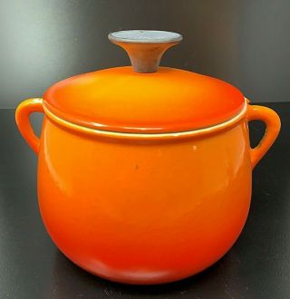 Vintage Cousances Le Creuset Cast Iron 1.  5 Qt Bean Pot Flame Orange Enamel