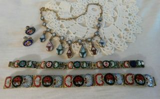 4 Vintage Antique Micro Mosaic Tile Bracelets,  Dangling Necklace,  Earrings Set