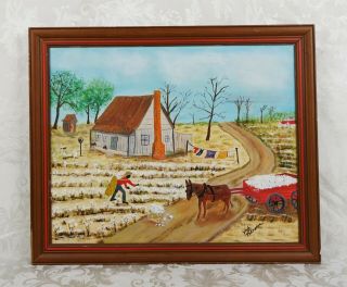 Vintage Grandma Moses Style Primitive Folk Art Oil Painting Slave Cotton Field