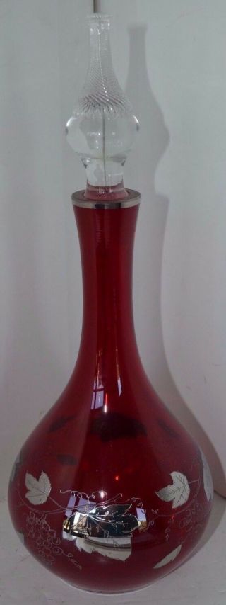 Vintage Outstanding Ruby Red Silver Overlay Decanter Grapes