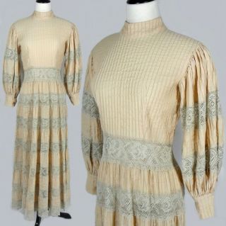Vtg 70s Mexican Crochet Lace Puff Sleeve Prairie Victorian Wedding Maxi Dress M