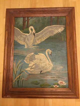 Vintage Paint - By - Number Two Swans & Lilly Pads Wooden Framed 15 1/4” X 19 1/4”
