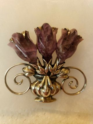 Large Vintage Mexico Silver Amethyst Flower Brooch Pin - 32 Grams Lily Tulip