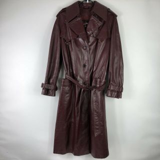 Vtg ‘70s Etienne Aigner Women’s Leather Trench Coat Burgundy Jacket Belt Sz 14