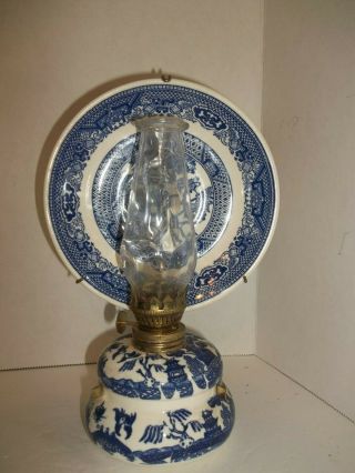 Vintage Blue Willow 8 " Beaded Chimney Oil Lamp Wall Hanging 6 " Plate Reflector