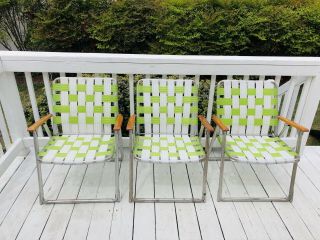 Vintage Aluminum Folding Chairs Wooden Arms (3) Webbed Lawn Chair Green White