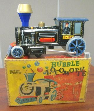 Vintage Modern Toys Tin Litho Bubble Locomotive Battery Operated Toy W/orig Box