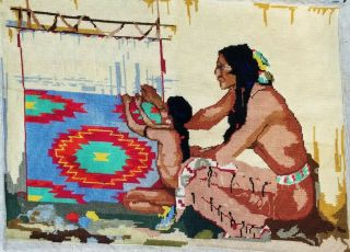 Vintage Needlepoint Native American Indian Old West Rug Weaving Scene Large