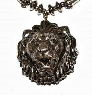 Vintage Signed Miriam Haskell Silver Lion Head Pendant With Modern Necklace