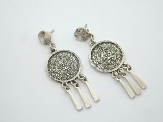 Vintage Taxco Mexico Sterling Silver Aztec Calendar Dangle Earrings,  13.  8 Grams
