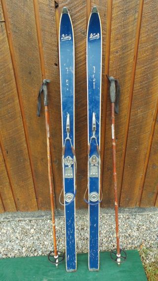 Vintage 59 " Wooden Skis Blue Finish Signed St Moritz With Metal Bindings,  Poles