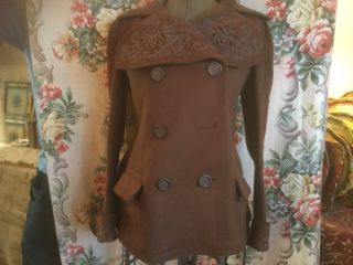 Antique Victorian Wool Jacket Double Breast Soutache Trim Chocolate Brown