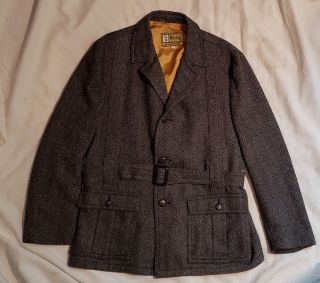 Vintage 60s Wool Gray & Black Herringbone Derby Full Norfolk Hunting Jacket 42