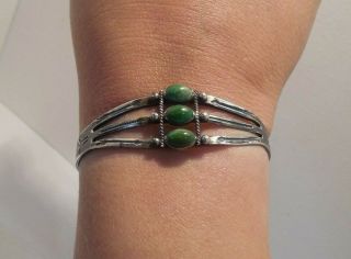 Vintage - Sterling Silver - Tribal Details - Three Stone Green Turquoise - Cuff Bracelet