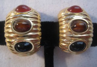 Vintage Ciner Gp Black Onyx,  Carnelian,  Tiger Eye Glass Cabochons Earrings