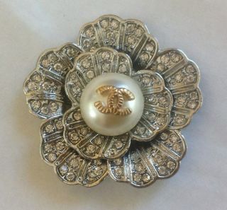Vintage Chanel Silver Crystal Flower Buttons Size 1,  5 " Rare