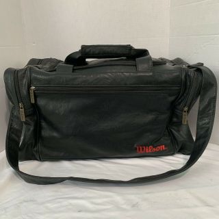 Vintage Wilson Black Leather Duffle Bag Gym Bag,  With Shoulder Strap Brass Zips