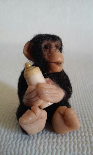 Artist Made Miniature Monkey Chimp Ape W Baby Bottle Dollhouse 1 - 3/16 " Tall