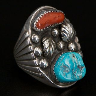 Vtg Sterling Silver Navajo Turquoise Coral Stone Feather Men 