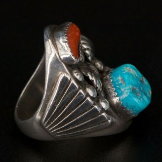 VTG Sterling Silver NAVAJO Turquoise Coral Stone Feather Men ' s Ring Size 9 - 32g 2