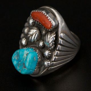 VTG Sterling Silver NAVAJO Turquoise Coral Stone Feather Men ' s Ring Size 9 - 32g 4