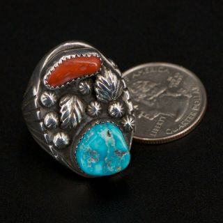 VTG Sterling Silver NAVAJO Turquoise Coral Stone Feather Men ' s Ring Size 9 - 32g 5