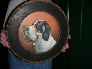 Antique Hunting Dog Retriever With Quail Round Picture