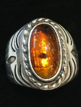 Vintage Sterling Silver 925 Honey Amber Ring Size 8, . , . , .  Signed " Sj "