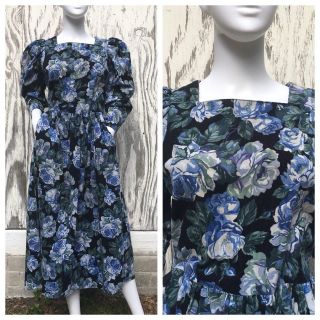 Vintage Laura Ashley Dress Black,  Blue Rose Floral Pincord Prairie Puff Sleeve