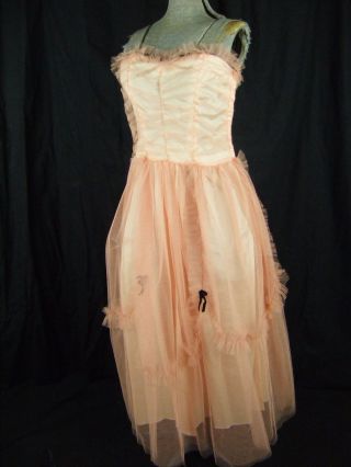 Vtg 50s Cute Ruffle Strapless Pink Prom Dress W/black Velvet Bows - Bust 33/2xs - Xs