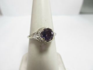 Vintage 14k Solid White Gold Filigree Ring With.  90 Ct Round Purple Amethyst