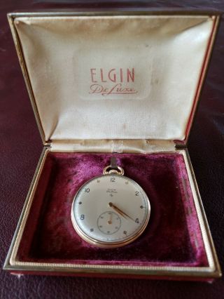 Vintage Elgin Deluxe 17 Jewel 10k Gold Plated Pocket Watch W/original Box