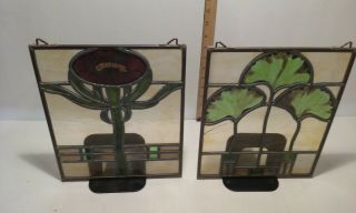 Two Antique/vintage Lead Stained Glass Window Panels Flower & Leaf