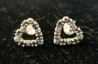 Vintage 10k Yellow Gold Blue Sapphire And Diamond Heart Pierced Earrings - Lovel