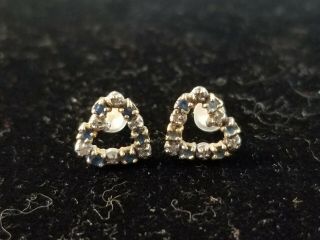Vintage 10K Yellow Gold Blue Sapphire and Diamond Heart Pierced Earrings - Lovel 2