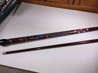 Vintage Hand Carved & Painted Pool Cue Stick Peacock & Cherry Blossoms
