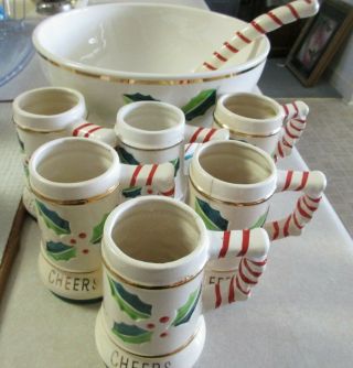 Vintage Kreiss Ceramic Christmas Punch Bowl 8 Piece Set Christmas Cheer Htf Read