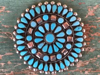 Vintage 3 Inch Navajo / Pueblo Silver And Turquoise Cluster Pin N R.