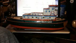 Old Vintage Battery Operate Neptune Boat Ship Toy Made In Japan Tin Toy Px - 45