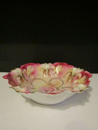 Vtg RS Prussia Iris Mold Pink Porcelain Bowl with Poppies 10 1/2 