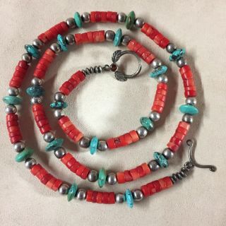 Vintage Sterling Silver Red Coral Turquoise Necklace 25”
