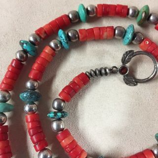 Vintage Sterling Silver Red Coral Turquoise Necklace 25” 2