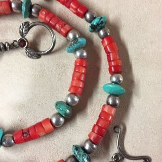 Vintage Sterling Silver Red Coral Turquoise Necklace 25” 3