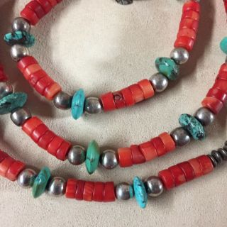 Vintage Sterling Silver Red Coral Turquoise Necklace 25” 4