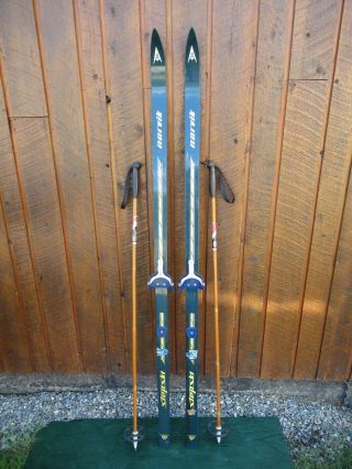 A Very Interesting Vintage Wooden 66 " Long Skis Dark Blue Finish,  Bamboo Poles