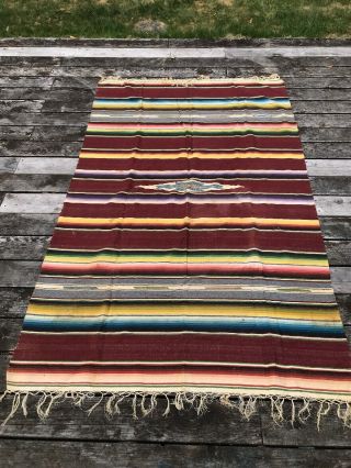Antique Vtg Mexican Saltillo Wool Blanket Serape Fringe 83 X 51 Folk Art Maroon